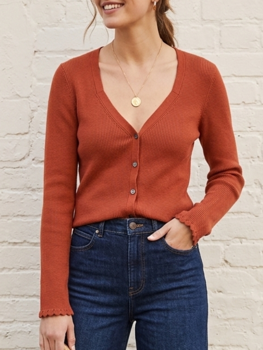 Boden Women's Ribbed Sweetheart Cardigan Rust Scalloped
